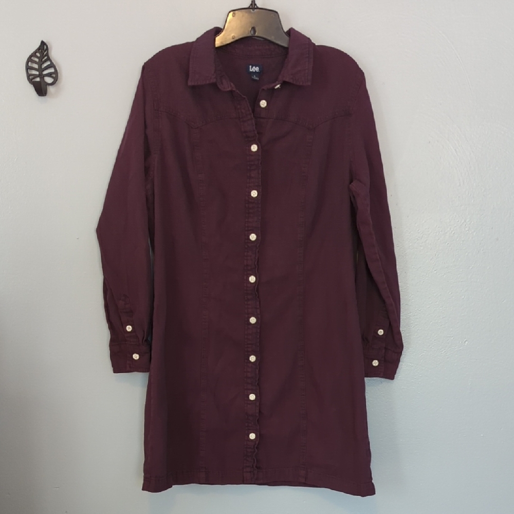 Lee Western Style Maroon Long Sleeve Button Front Collared Shirt Dress Large L